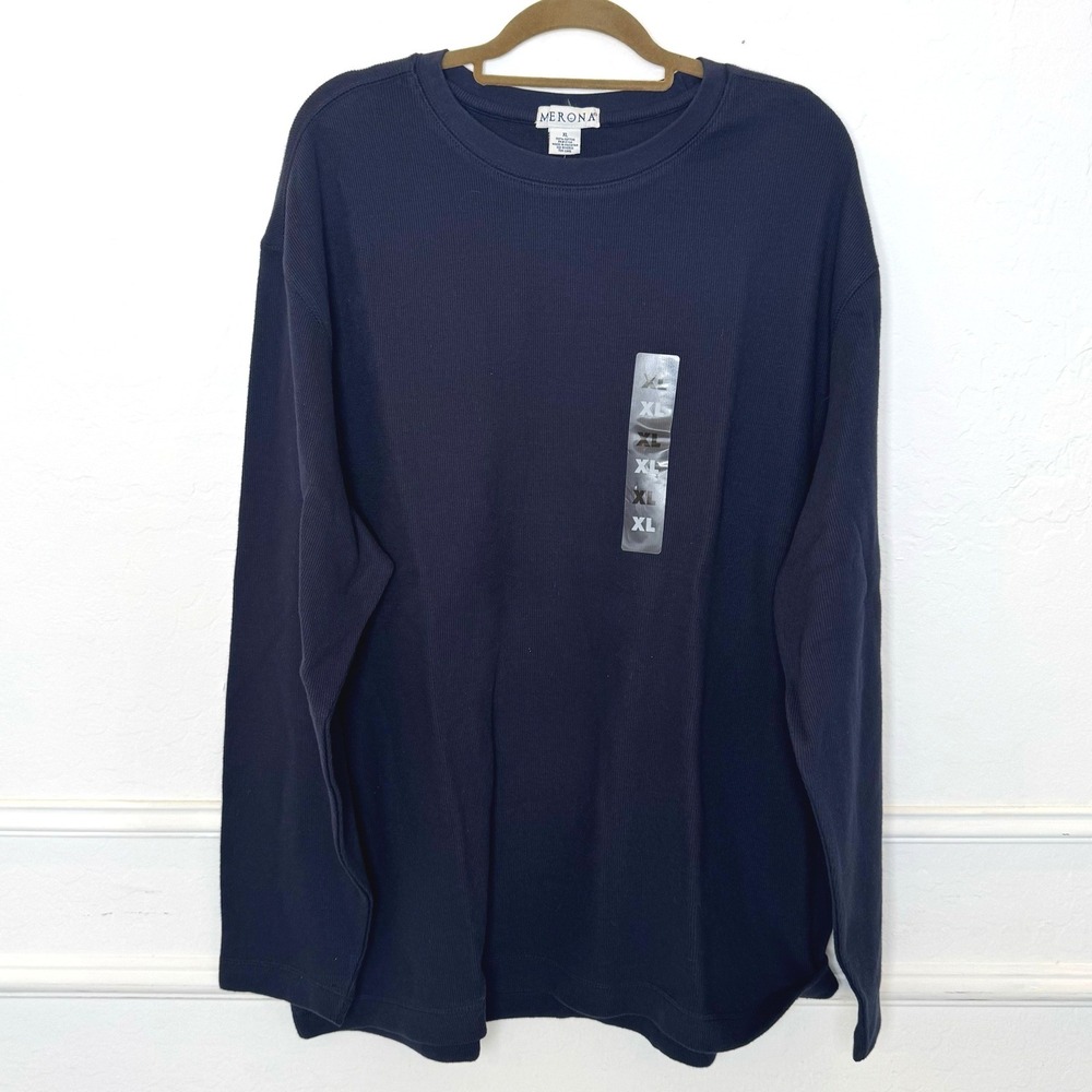 Merona Thermal Shirt Mens XL Navy Blue Long Sleeve Waffle Knit Cotton Top Henley